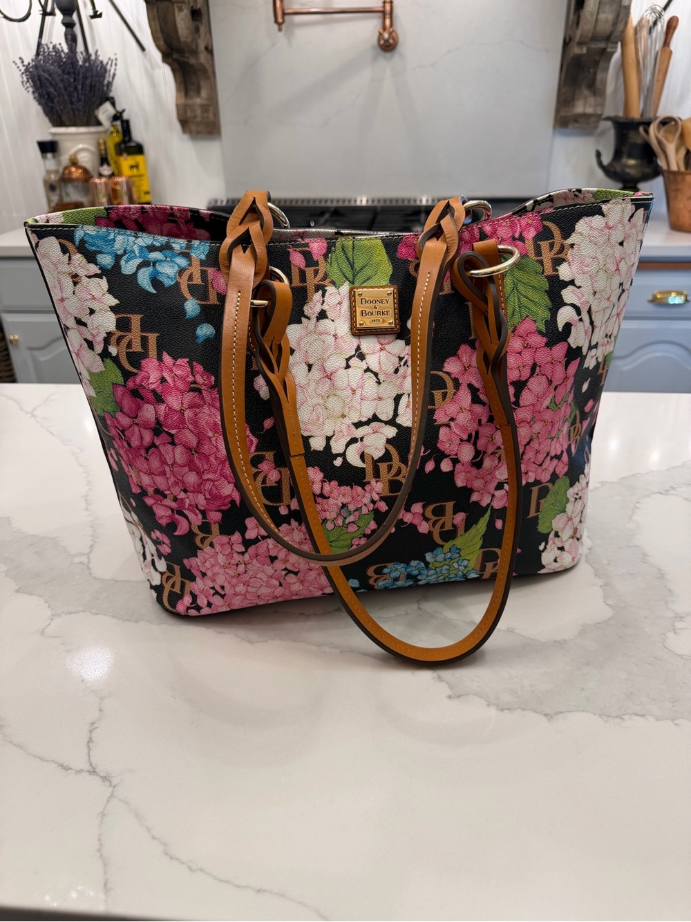 Dooney & Bourke Black Floral Hydrangea Print Tote with Tan Straps